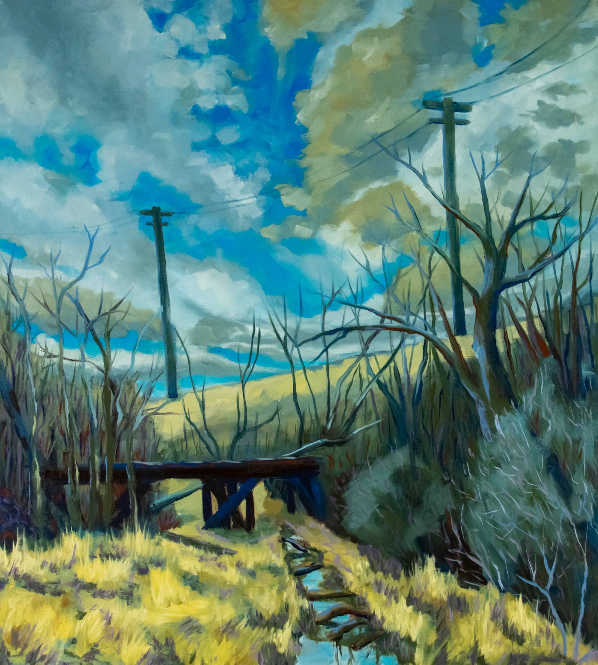 Colorful painting of a landscape scene with clue skies and power lines.
